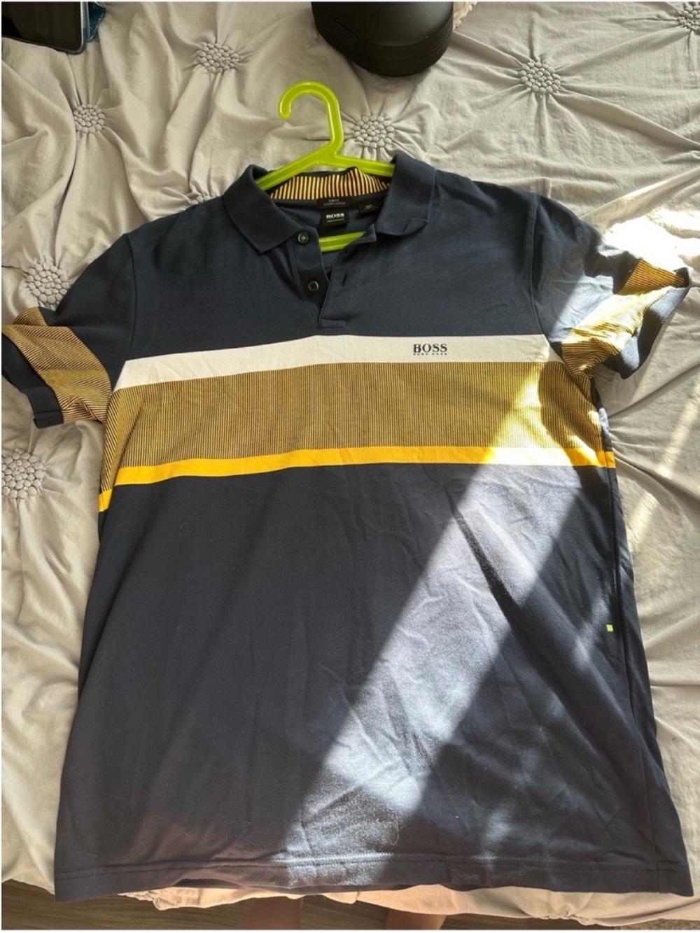Boss Navy Polo with Yellow, White & Tan Stripes